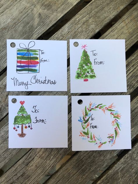 "Set of 12 watercolor Christmas gift tags. I paint the original watercolor then print onto linen cardstock.  Tags measure approximately 2 1/4 x 2 1/2\" Hole is punched to thread ribbon. Ribbon not included." Whimsical Christmas Watercolor, Painted Christmas Tags, Watercolour Christmas Tags, Diy Gift Tags Christmas, Christmas Cards Handmade Watercolor Gift Tags, Christmas Watercolor Gift Tags, Watercolor Gift Tags Christmas, Christmas Tag Ideas, Watercolour Christmas Gift Tags