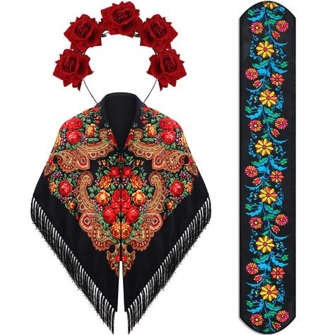 PRICES MAY VARY. Complete Traditional Mexican Accessory: the package will provide you with 1 piece of traditional Mexican shawl, 1 piece of Mexican belt and 1 piece of Mexican rose flower crown, good combinations to meet your styling requirements while adding an authentic Mexican touch to your attire; The floral patterns pay homage to traditional Mexican artistry, enriching your outfits with vivid colors and intricate designs Easy to Match and Suitable for Various Occasions: the bright colors an Mexican Themed Party Outfit, Mexican Theme Outfit, Mexican Fashion Traditional, Mexican Outfit Ideas, Mexican Theme Party Outfit, Traditional Mexican Clothing, Mexican Traditional Clothing, Mexican Belt, Mexican Clothes