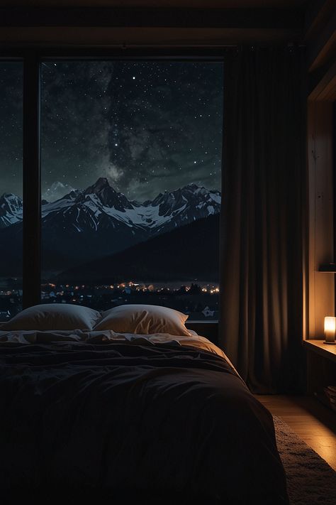 A cozy dark bedroom at night time with a Mountain View 0 Stormy Bedroom, Cozy Dark Bedroom, Bedroom At Night, Dark Bedroom, Dream Room Inspiration, Cozy Bedroom, Dream Room, Restaurant Design, Stables