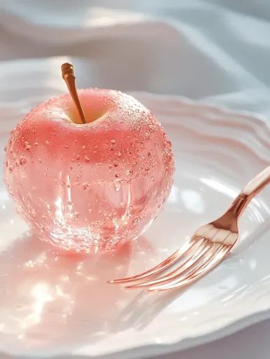 ↑↑↑ Larger size on website 🔸 A close-up image of a pink, glass apple sitting on a white plate with a rose gold fork beside it. Th Apples Aesthetic, Rose Pink Aesthetic, Crystal Food, Rosé Pink Aesthetic, Aesthetic Fruits, White Ethereal, Jelly Food, Apple Glasses, Clear Fruit