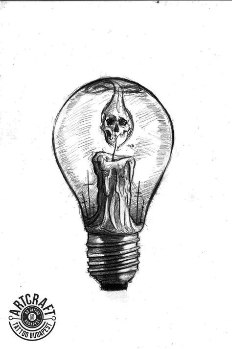 Light Inspired Tattoos, Coffee Skull Tattoo, Skull Candle Drawing, Cute Candle Drawing, Light Bulb Drawings, Lightbulb Drawings, Macabre Drawing, Light Bulb Tattoo, Lightbulb Tattoo