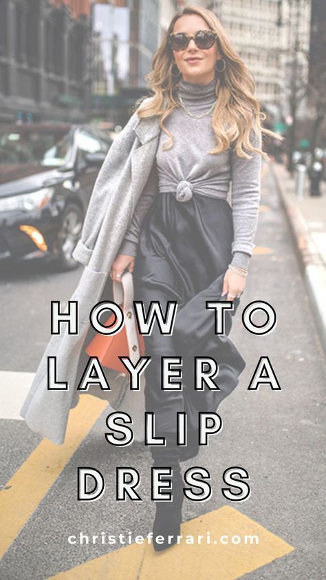 Slip Dress Outfit Inspiration, Satin Dress And Sweater Outfit, Metallic Slip Dress Outfit, Long Sleeve Under Slip Dress, Silk Slip Dress With Sweater, Silk Dress And Sweater Outfit, How To Layer Dresses For Fall, Black Slip Dress With Sweater, Black Slip Dress Outfit Fall