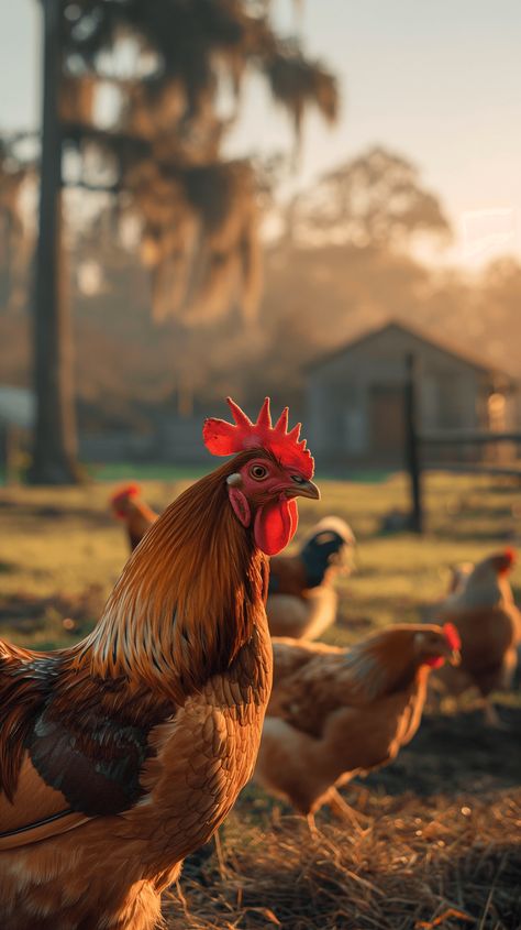 Experience the quiet strength of farm life as a proud rooster, his comb glowing like embers, surveys his domain. Behind him, the misty farm basks in the gentle embrace of sunrise. #SunriseFarm #GoldenGlow #ChickenWallpaper#CountrysideCharm #summerwalpaper Sunrise Farm, Puppy Clipart, Chicken Pictures, Farm Pictures, Animals Farm, Farm Photography, Farm Eggs, Chicken Art, Animals Funny