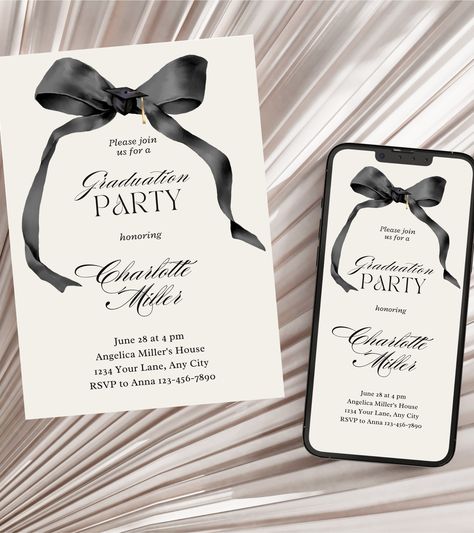 "Elevate your celebration with this Minimalist Graduation Party Invite Template for the Class of 2024. This versatile template includes one design in four formats, featuring three editable graduation cards and one editable electronic option. Easy for parents to use, it offers the flexibility to print or send digitally. Make your graduate's day special - order now! ○ SPECIFICATIONS 🔹️Editable Graduation Invitation - Front + Back 4x6\"  🔹️Editable Graduation Invitation - Front + Back 5x7\"  🔹️Editable Graduation Invitation - Front + Back A5 (148 x 210mm)  🔹️Editable Graduation Electronic Invitation 1125x2436 px  ○ HOW TO 1. Tap \"Add to Cart\" and complete payment. 2. Wait for Etsy's email with the download link or find your purchased files within your Etsy account. Go to You > Purchases Graduation Card Invitations, Cute Graduation Announcements, Graduation Celebration Invitations, Digital Graduation Invitations, Invitation Card Design Graduation, Graduation Invitation Card Design, Grad Invite Ideas, Black Grad Party, Digital Invite Design