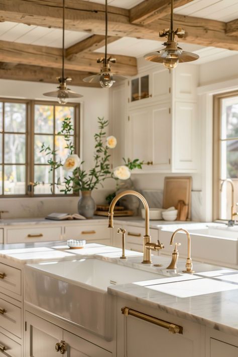 Find the Perfect Faucet for Your Farmhouse Kitchen - Quiet Minimal French Kitchen Aesthetic, Modern Farmhouse Kitchen Countertops, Timeless Farmhouse Kitchen, Wooden Kitchen Countertops, Classic Timeless Kitchen, Wooden Countertops Kitchen, Italy Kitchen, Timeless Kitchen Design, Farmhouse Kitchen Decor Ideas