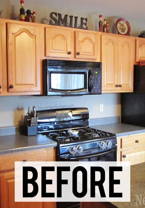 Change the entire look of your kitchen with this easy DIY! #kitchenupdate #kitchenDIY Backsplash Kitchen Small Space, Backsplash Before And After, East Kitchen Updates, Medium Size Kitchen Remodel, Shelf Above Cabinets Kitchen, Small Backsplash Kitchen, Simple Kitchen Updates, Affordable Kitchen Improvement Ideas, Easy Backsplash Ideas For Kitchen