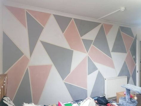 Triangle wall design Accent Wall Triangles, Triangle Room Design, Geometric Triangle Wall Paint, Painted Triangles On Wall, Triangle Wall Paint Bedrooms, Triangle Wall Murals, Triangle Wall Design, Painting Triangles On Wall, Wall Painting Ideas Triangle