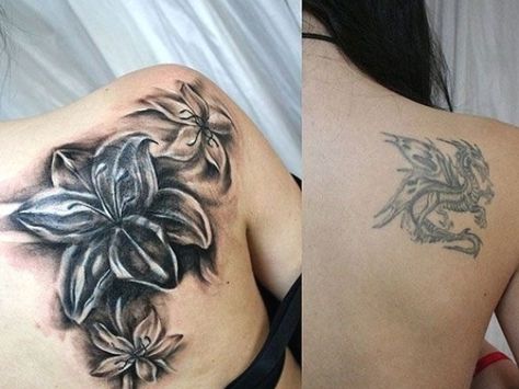 Shoulder Cover Up Tattoos, Cover Up Tattoos Before And After, Tattoo Covering, Tattoo Lily, Up Tattoo Ideas, Flower Cover Up Tattoos, Tato Suku, Cover Up Tattoos For Women, Satanic Tattoos