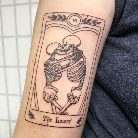 The Lovers Tarot Card Tattoo, Love Tarot Card, Lovers Tarot Card, Tarot Card Tattoo, Tarot Tattoo, Card Tattoo Designs, The Lovers Tarot Card, The Lovers Tarot, Skeleton Tattoos