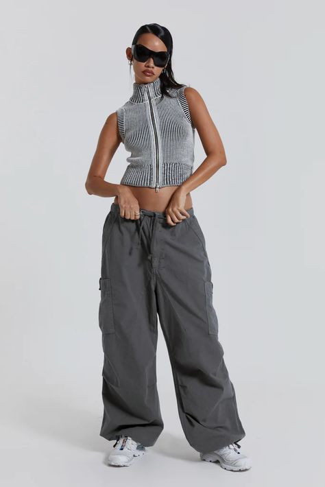 Vintage Grey Parachute Cargo Pants | Jaded London Grey Parachute Pants Outfit, Parachute Pants Outfit, Parachute Cargo Pants, Parachute Cargo, Aesthetic 2023, Outfit Pieces, Mesh Long Sleeve Top, Pinterest Aesthetic, Painted Denim