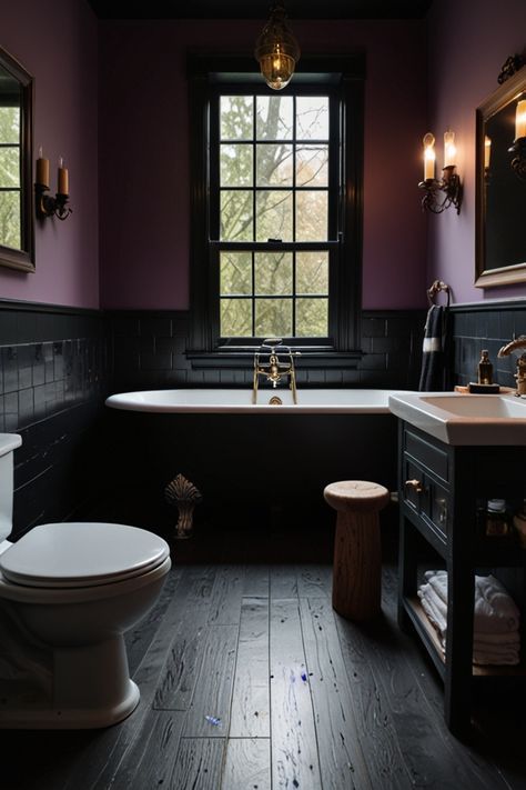 Goth Home Color Palette, Purple Tile Bathroom Ideas, Vintage Purple Bathroom, Moody Bathroom Aesthetic, Dark Plum Walls, Dark Plum Bathroom, Plum Colored Bathroom, Dark Mauve Bathroom, Goth Home Paint Colors