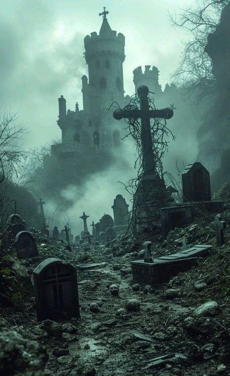 Dark Fantasy Scenery, Ravenloft Aesthetic, Graveyard Wallpaper, Dark Cemetery, Old Cemetery, Castle Painting, Dark Castle, Dark Fantasy Artwork, Gothic Castle