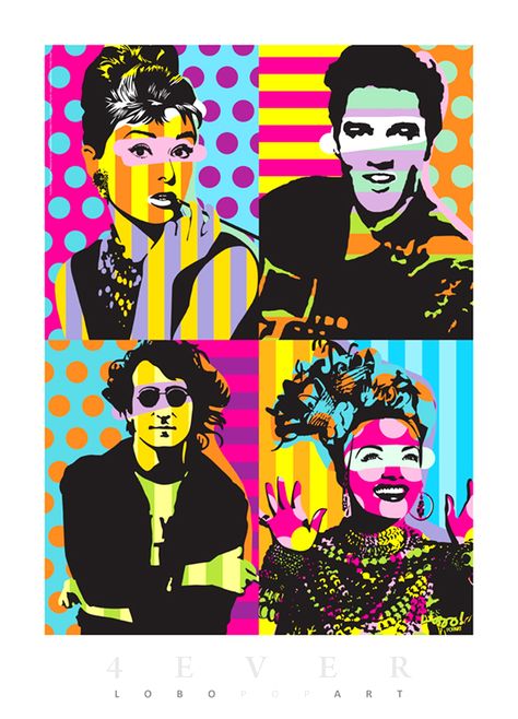 Audrey Hepburn, Elvis Presley, John Lennon, & Carmen Miranda - Ídolos Pop Art Images Pop Art, Pop Art Decor, Warhol Art, Pop Art Comic, Pop Art Portraits, Pop Art Painting, Art Pop, Art And Illustration, Andy Warhol