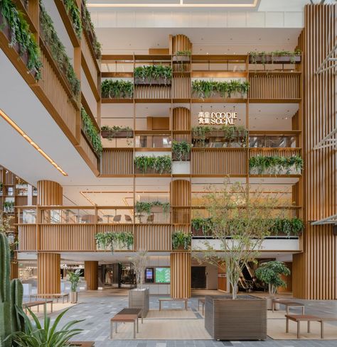 AIM Architecture turns Xintiandi shopping mall atrium into plant-filled plaza Atrium Design, Outdoor Paving, Mall Design, Renovation Design, Shopping Malls, Modern City, Architecture Photo, Architecture Project, Office Building