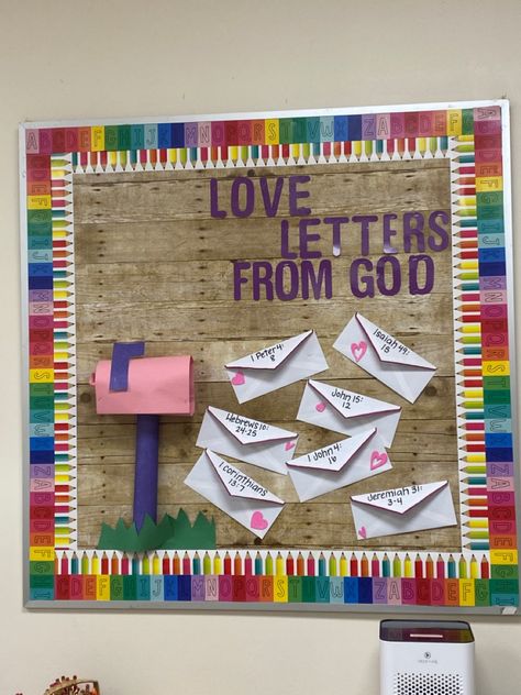 Valentine Church Bulletin Board, Winter Church Bulletin Board Ideas, Christian Valentines Bulletin Boards, Compassion Bulletin Board Ideas, Love Letters From God Bulletin Board, February Church Bulletin Board Ideas, Sunday School Bulletin Boards For Kids, Valentine Bulletin Boards For Church, Valentine Decorations For Church