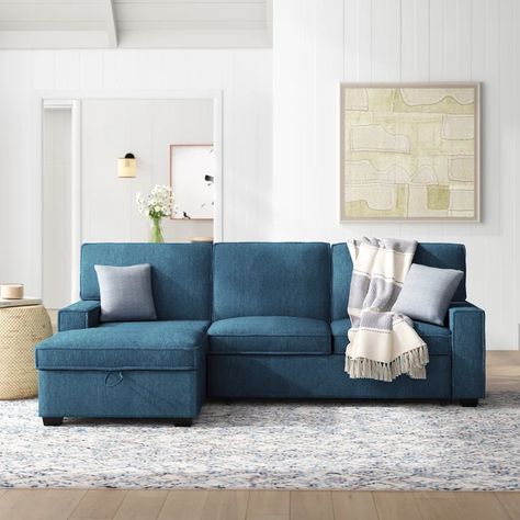 Sand & Stable Yates 3 - Piece Upholstered Pull Out Sectional Sleeper Sofa With Storage Chaise & Reviews | Wayfair Condo Hallway, Pull Out Sectional, Pullout Bed, Blue Sectional, Sofa With Storage, Plywood Frame, Storage Chaise, Sectional Sleeper Sofa, Pull Out Bed