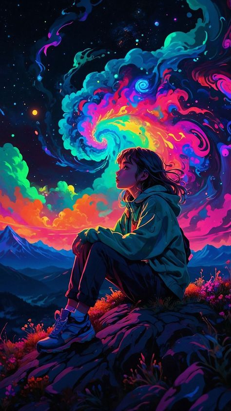 free wallpapers 4K night sky, girl, colors, abstract for mobile and desktop Wallpaper Night Sky, Wallpaper Night, Dark Black Wallpaper, Art Beat, Glowing Art, Cool Wallpapers Art, Trippy Art, Sky And Clouds, Generative Art