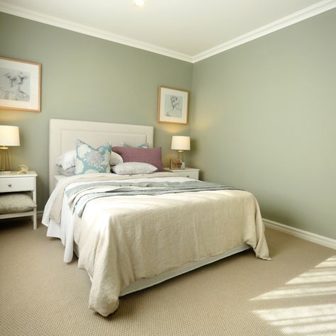 Small Bedroom Colour Ideas, Coloured Carpet, Warna Sage, Home Door Hanger, Bedroom Set Designs, Cat Tembok, Bedroom Color Combination, Sage Green Bedroom, Inspiration Bathroom