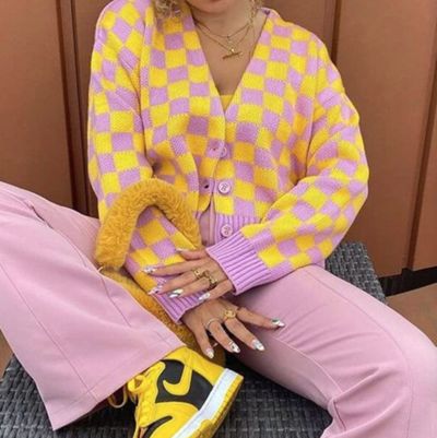 PINK AND YELLOW CHECKERBOARD CARDIGAN from SO FUN MART Pink And Yellow Fashion, Yellow Color Blocking Outfit, Bright Color Clothes Style, Fun Colourful Outfits, Cute Colorful Outfits Summer, Bright Fun Outfits, Plus Size Funky Outfits, Colorful Style Aesthetic, Colourful Fall Outfit