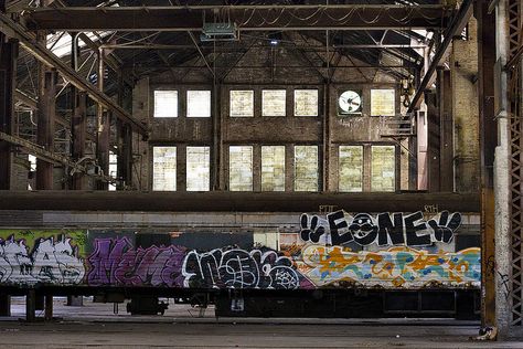 Abandoned warehouse and graffiti covered train, via Flickr. Cool Warehouse, Abandoned Graffiti, Urban Reference, Converted Warehouse Apartment, Pullman Train, Train Yard, Warehouse Apartment, Converted Warehouse, Craft App