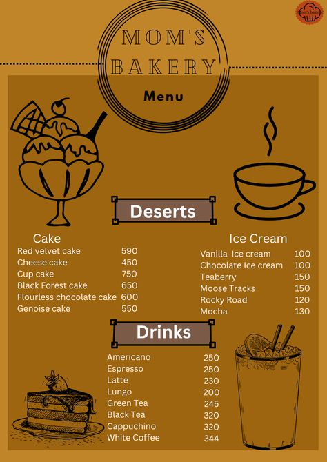 A menu is a list or a display of the food and drink items that are available for purchase at a restaurant, cafe, or any food service establishment. Menus typically include descriptions of the dishes or beverages, their prices, and may also include information about the ingredients, preparation methods, or dietary restrictions. In some cases, menus may also offer options for customization or modifications to suit the customer's preferences or requirements. Cafe Drink Menu Design, Musk Deer, How To Make Gelato, Genoise Cake, Play Menu, Drink Menu Design, Menu Board Restaurant, Advertisement Board, Cafe Idea