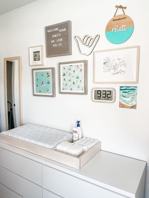 Ocean Baby Rooms, Surfer Nursery, Surf Nursery, Kids Gallery Wall, Surf Room, Gallery Wall Nursery, Quality Wallpaper, Nursery Room Design, Baby Room Inspiration