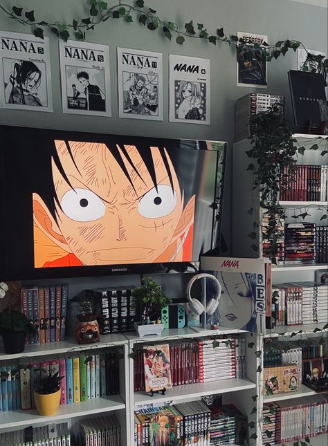 Monkey.D Luffy Anime Living Room Ideas, One Piece Bedroom, Manga Shelf, Otaku Room, Gaming Setups, Desktop Setup, Room Redo, Dreamy Room, Game Room Design