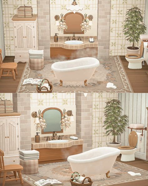 Animal Crossing Bathroom Design, Cottage Core House Interior, English Cottage Bathroom, Acnh Living Rooms Ideas, Bathroom Modern Farmhouse, Cottage Core Bathroom, Modern Cottage Bathroom, Cottage Core Interior, Bathroom Cottage