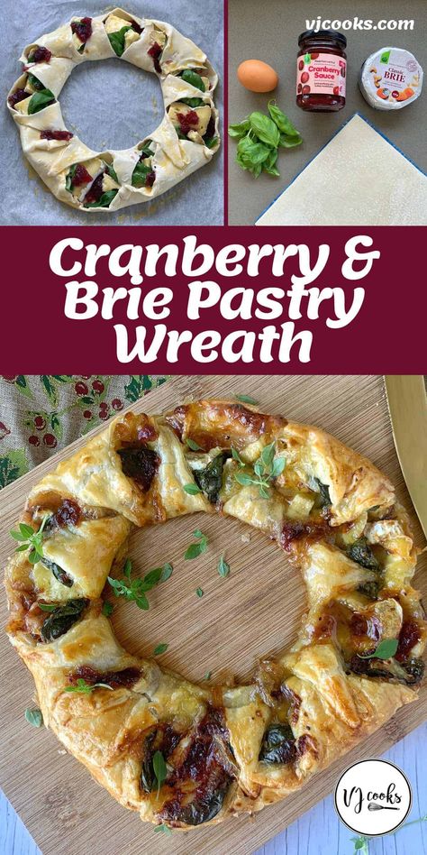 An impressive flaky pastry wreath filled with slices of brie, tangy cranberry sauce and fresh basil. This incredibly tasty dish is an absolute winner to share for Christmas nibbles but actually is so well-received at any time of the year. if you want to mix things up in the filling, go right ahead! If you head to my website you'll see some great alternative ideas. #vjcooks #pastrywreath #Christmasnibbles #brieandcranberry Cranberry And Brie Puff Pastry Wreath Tasty, Cranberry Brie Christmas Wreath, Brie Cranberry Wreath Appetizer, Christmas Baking Wreath, Christmas Wreath Puff Pastry, Brie And Cranberry Pastry Wreath, Puff Pastry Brie Cranberry Appetizers, Cranberry Brie Wreath Appetizer, Pastry Wreath Crescent Ring