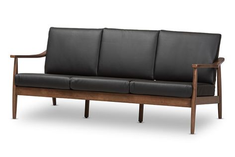 Look forward to unwinding after a long day, with the casual and relaxing design of the Venza 3-seater sofa. Constructed of solid rubberwood frame for strength and long-lasting durability, this mid-century modern-inspired sofa is built with clean paneled lines on the back, bringing relaxing vibes into your living room and complementing your home with lavish style. Cushions are upholstered in a soft but resilient black faux leather for plush comfort and lasting good looks. Featuring splayed legs w Affordable Sofa, Sofa Black, Faux Leather Sofa, Black Leather Sofas, Occasional Seating, Mid Modern, Traditional Sofa, Studio Furniture, Mid Century Sofa