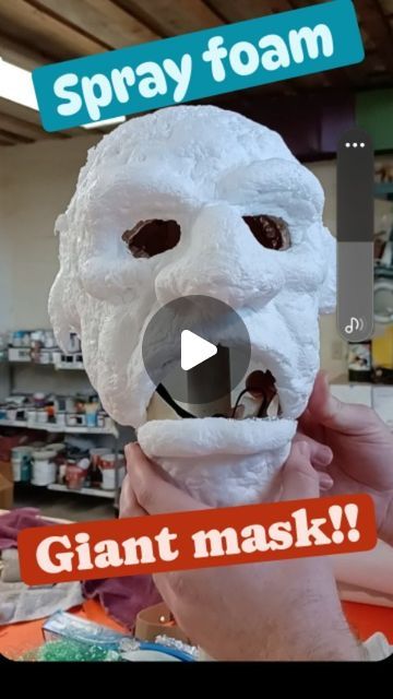 Diy Halloween Masks For Adults, Foam Mask Diy, Monster Mask Diy, Jack And The Beanstalk Giant, Paper Mache Mask Diy, How To Make A Mask, Paper Mache Mask Ideas, Cardboard Mask Template, Spray Foam Crafts