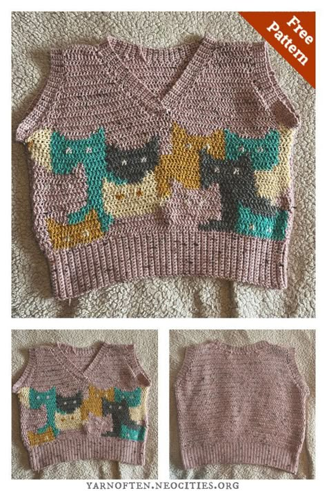 Cute Crochet Vest Pattern, V Neck Sweater Vest Crochet Pattern, Cat Vest Crochet Pattern, Crochet Vest Alpha Pattern, Crochet Cat Vest Free Pattern, Crochet Cat Shirt, Cat Crochet Stitch, Free Crochet Sweater Vest Pattern, Crochet Cat Vest