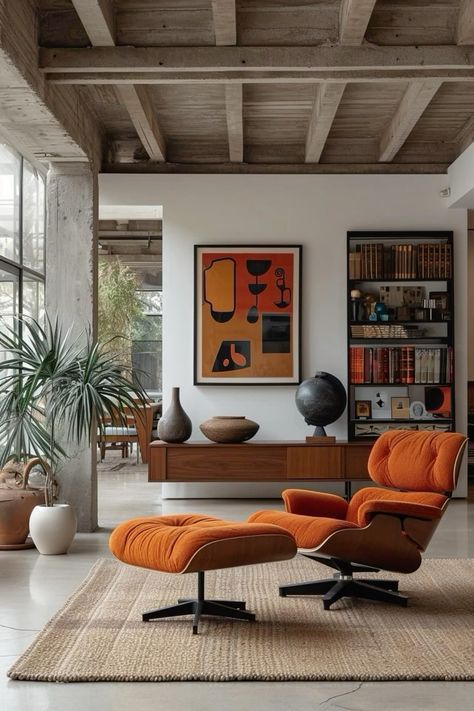 Modern Simple Home Design, Living Room Designs Mid Century Modern, Living Room Designs Modern Cozy, Modern Chairs For Living Room, Orange Interior Design, Mahogany Interior, Loft Living Room, Midcentury Interior, Mid Century Office