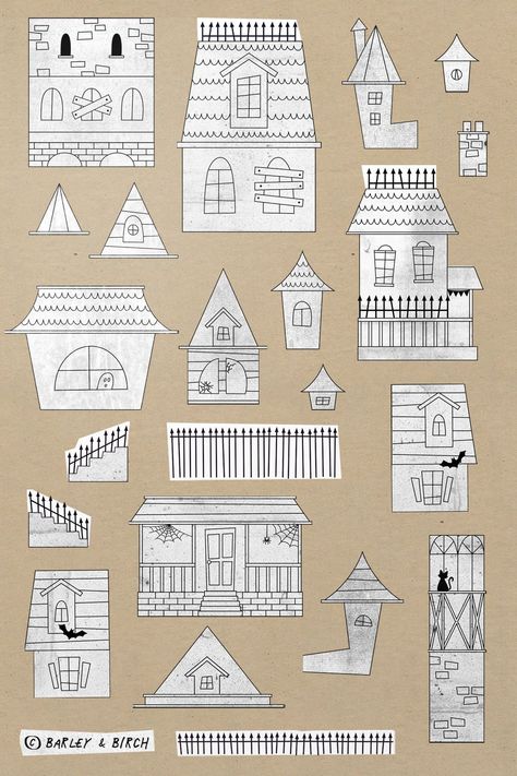 Cardboard Haunted House, Haunted House Template, Paper Haunted House, Easy Haunted House, Haunted House Drawing, Haunted House Craft, House Doodle, Intro To Art, Haunted House Diy