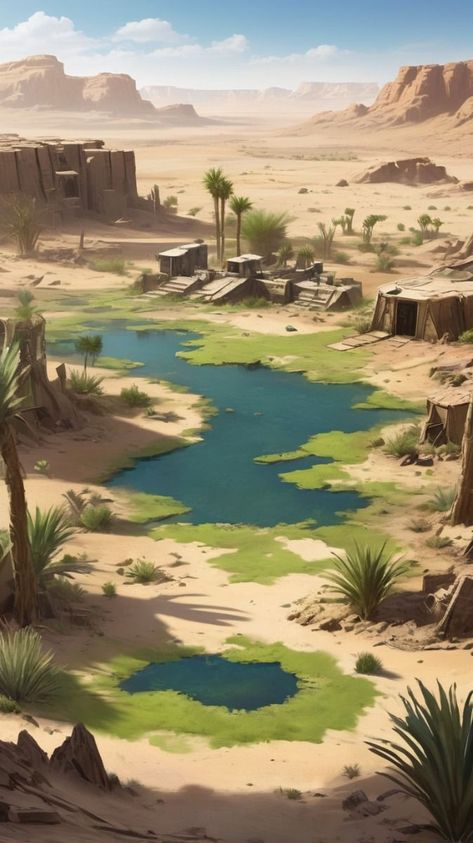 Desert Civilization Concept Art, Desert Wasteland Concept Art, Desert Environment Concept Art, Desert Civilization, Oasis Concept Art, Dry Earth, Dnd Dm, Apocalypse Illustration, Cracked Earth