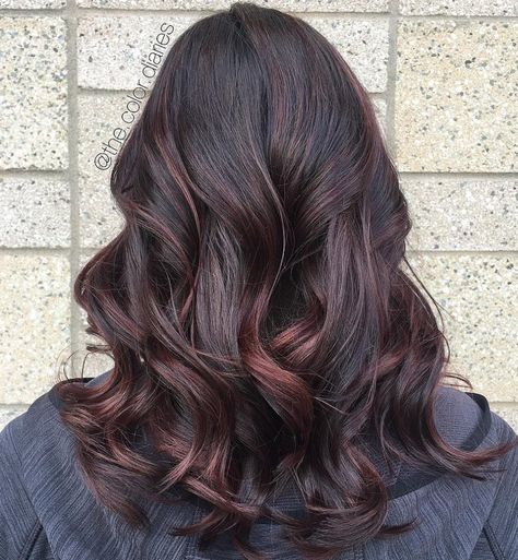 Barely There Burgundy Tint for Brunettes Shades Of Burgundy Hair, Dark Burgundy Hair, Burgundy Balayage, Burgundy Hair Color, Dark Chocolate Hair, Red Balayage Hair, Burgundy Highlights, Maroon Hair, Dark Purple Hair