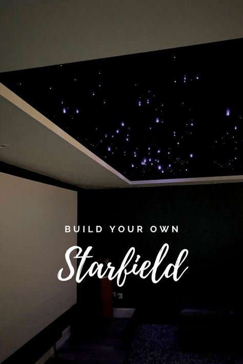 Starlight Bedroom Ideas, Game Room Lighting Ideas Ceiling, Tray Ceiling Design Ideas, Home Theater With Fireplace, New Home Technology, Galaxy Ceiling Lights, Theater Room Lighting Ideas, Theater Room Ceiling Ideas, Home Theater Ceiling Design