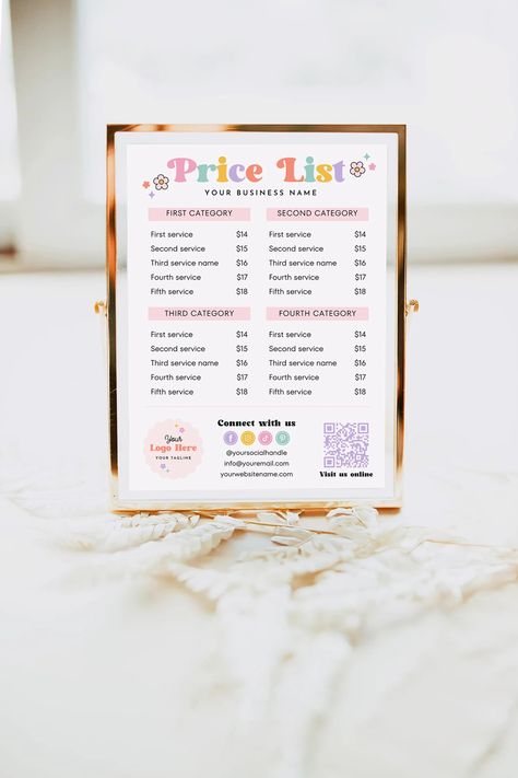 Floral Retro DIY Printable Price List Canva Template, Editable Pricing Sheet, Salon Price List, Pricing Guide, Printable Payment Sign, Becka - Etsy Price Signs Display Ideas, Popup Setup, Salon Aesthetic, Payment Sign, Farmers Market Display, Retro Diy, Price List Design, Pricing Guides Templates, Price Signs