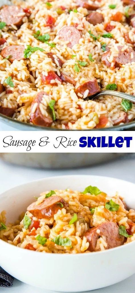 Easy Weeknight Dinners With Rice, Sausage One Pan Recipes, Sausage Rice Skillet Recipes, Rice Sausage Skillet, Smoked Sausage Lunch Ideas, Sausage Rice Recipes Easy Dinners, Healthy Sausage And Rice Recipes, Skillet Rice Meals, Quick Smoked Sausage Recipes