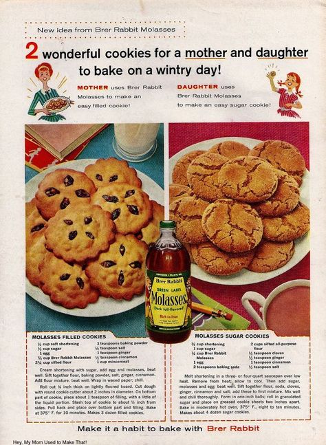 1960s Food Trends | ... 50s-60s food trends on Pinterest | The 1960s, Vintage food and 1960s Molasses Cookies Recipe, Brer Rabbit, Vintage Baking, Filled Cookies, Molasses Cookies, Easy Sugar Cookies, Vintage Cooking, Bar Cookies, Grandmas Recipes