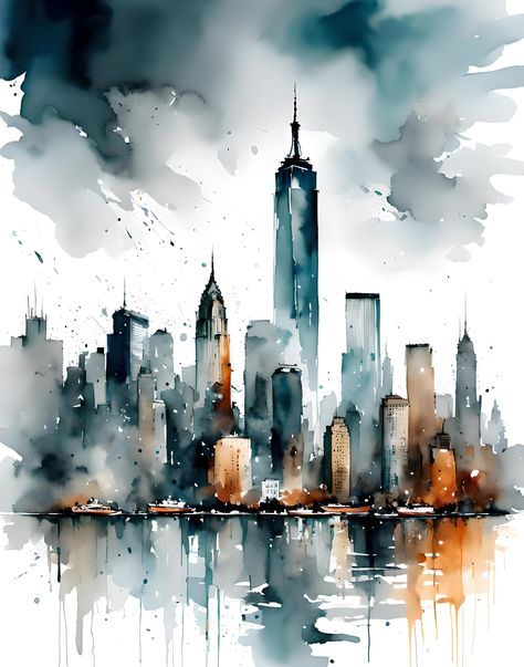 Welcome to Railroad Creek Art!  Here you will find an amazing array of high quality digital art images which you can print on any material you wish, including canvas, photo papers, watercolor art papers as well as mugs, shirt or posters. Add a touch of urban charm to your space with this stunning artwork featuring an abstract watercolor of the iconic NYC skyline. The moody, cloudy atmosphere creates an interesting vibe that will surely captivate and intrigue any viewer. Perfect for adding a uniq Skylines City, Ink Watercolor Art, Watercolour City, Water Color Abstract, Amazing Artwork, New York City Art, City Watercolor Painting Easy, Abstract City Painting, Paint Abstract