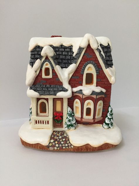 Ceramic Christmas Houses Painted, California Creations Christmas Village, Clay Christmas Village, Ceramic Christmas Village, Ceramic Village, Pottery Village, Christmas Village Decorations, Homemade Bird Houses, Christmas Village Sets