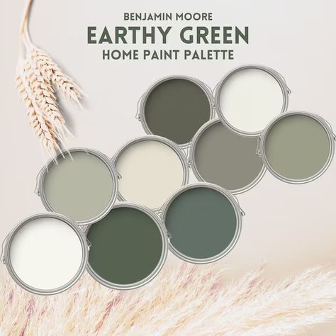 KionaRoseInteriors - Etsy Benjamin Moore Moss Green, Green And Natural Wood Color Palette, Simple Home Color Ideas, Forest Bedroom Paint Colors, Paint Colors That Compliment Green, Earthy Greens Color Palette, Green Taupe Living Room, Living Room Green And Grey, Gray And Green Bathroom Ideas