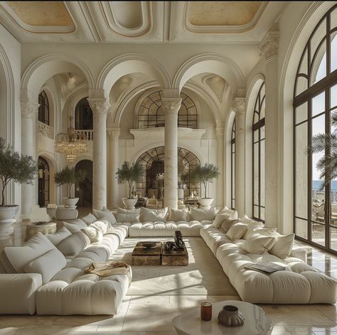 White Mansion Living Room, Modern Fancy House Interior, Rich Girl House Aesthetic, All White Mansion, Old Money Mansion Living Room, White Manor House, House Interior Old Money, Rich House Living Room, Castle Living Room Aesthetic