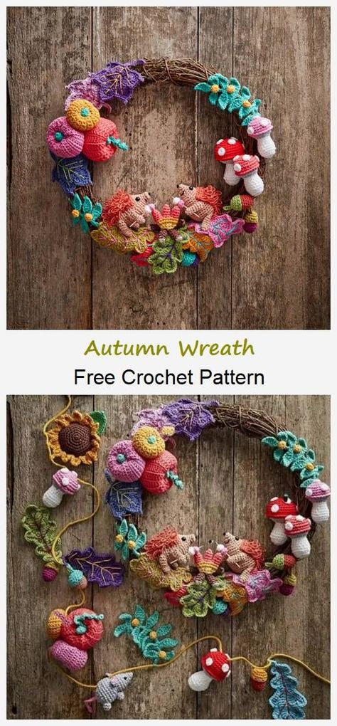 Halloween Wreath Crochet, Crochet Autumn Wreath Free Pattern, Autumn Wreath Crochet, Autumn Amigurumi Free Pattern, Crochet Wreaths Free Patterns, Crochet Wreath Free Pattern, Crocheted Wreaths Free Patterns, Autumn Crochet Wreath, Crochet Fall Wreath Free Pattern