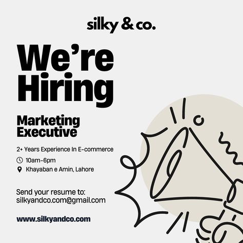 📣We're HIRING! Marketing Executive! ▫️Key Responsibilities: 1. Develop and implement social media strategies to enhance brand presence. 2. Create eye-catching graphics for social media posts and marketing materials. 3. Collaborate with the marketing team to drive creative campaigns. ⏰ 10am - 6pm 📍Khayaban e Amin, Lahore #hiring #silkyandco #lahore #pakistan #sialkot #gujranwala #peshawar #jobvacancy #freshgraduates #jobopportunity #marketingexecutive #marketingonline Creative Hiring Post, Hiring Social Media Post, Were Hiring, Hiring Marketing, Marketing Executive, We Are Hiring, Lahore Pakistan, We're Hiring, Job Opportunities