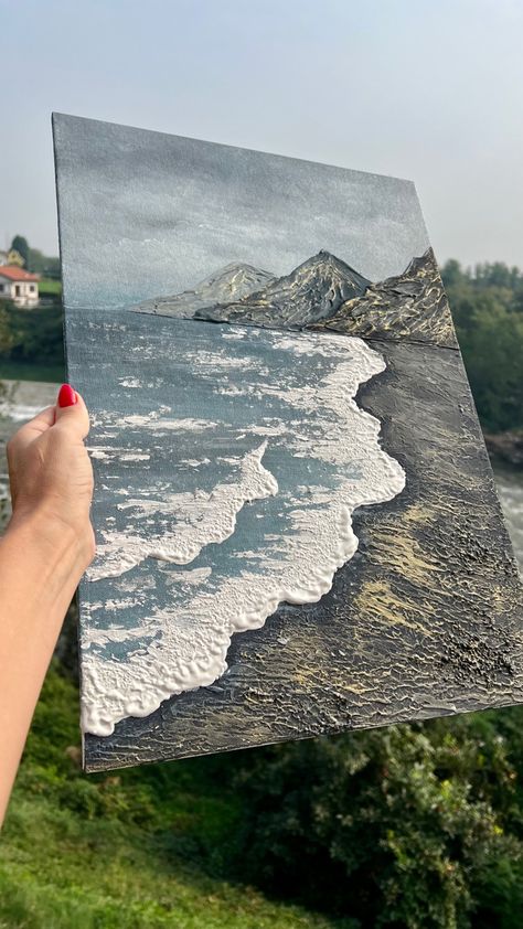 Mountains, sea, beach with texture paste on canvas. Simple lesson Spackle Art Texture Diy Mountains, Texture Sea Painting, Modeling Paste Canvas Art, Modelling Paste Art, Putty Art On Canvas, Modeling Paste Art, Acrylic Mountains, Beach And Mountains, Canvas Textured Painting