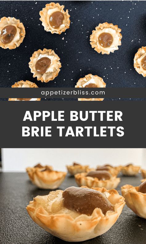 This easy Apple Butter Brie Tartlet recipe is ready in just minutes. Use premade phyllo shells, creamy brie, and apple butter (or applesauce). Perfect quick appetizer for company, parties, or the holidays! Vegetarian. Apple Butter Brie, Brie Tarts, Apple Butter Muffins, Easy Apple Butter, Phyllo Shells, Creamy Brie, Quick Appetizer, Slow Cooker Apple Butter, Tartlets Recipe