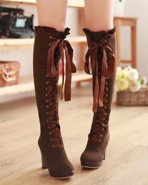 Sepatu Platform, Japanese Harajuku Fashion, Anting Manik, Popular Boots, Strappy High Heels, Skirt Maxi, Super High Heels, Thick Heels, Lace Up Heels