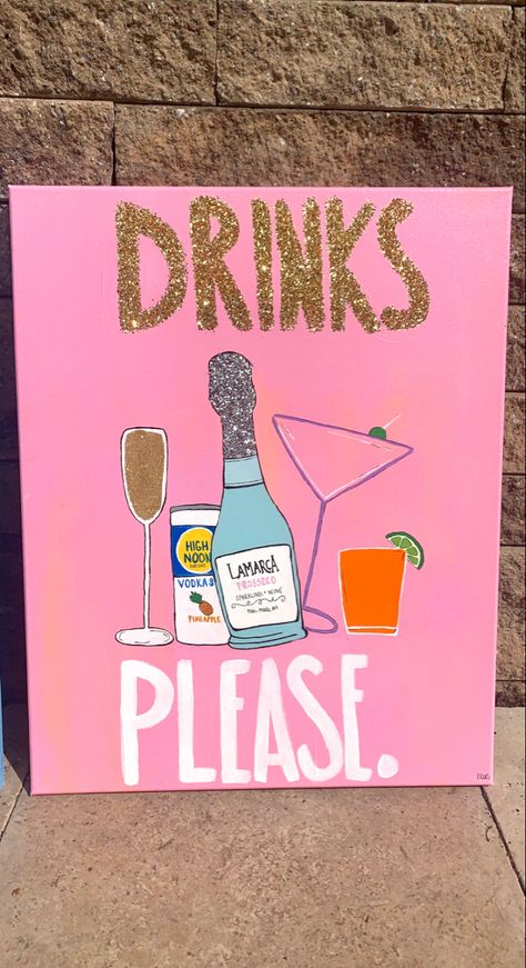 Happy Hour Canvas Painting, College House Canvas Ideas, College Room Paintings, College House Paintings, Bar Cart Canvas Painting, Alcohol Painting Ideas College, Drink Painting Canvases, Bar Cart Painting Ideas, Apartment Canvas Painting